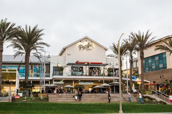 A lively shopping center with palm trees, featuring 