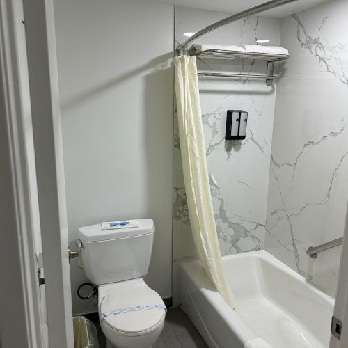 A small bathroom with a toilet, bathtub, and shower curtain; walls have a marble-like pattern.