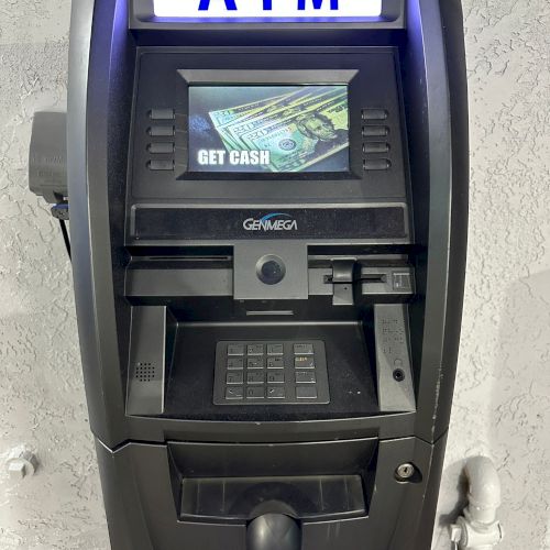 An ATM is shown with a screen displaying 